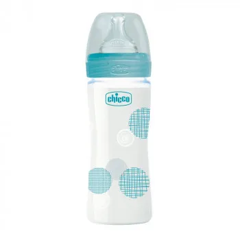 CHICCO WB STAKLENA FLASICA 240ML SILIKON PLAVA 